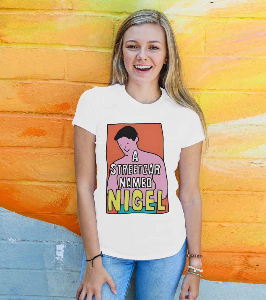 A Streetcar Named Nigel Pink Cartoon Character With Orange Background T-Shirt