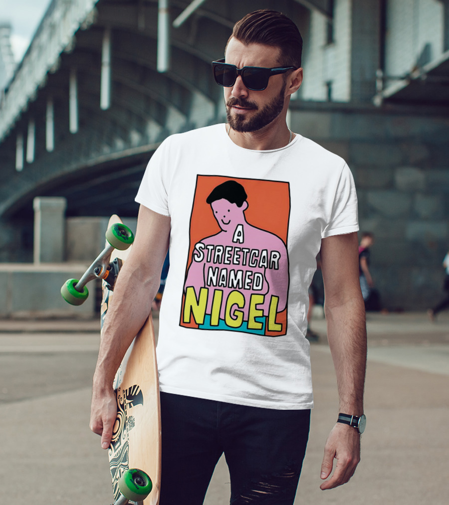 A Streetcar Named Nigel Pink Cartoon Character With Orange Background T-Shirt