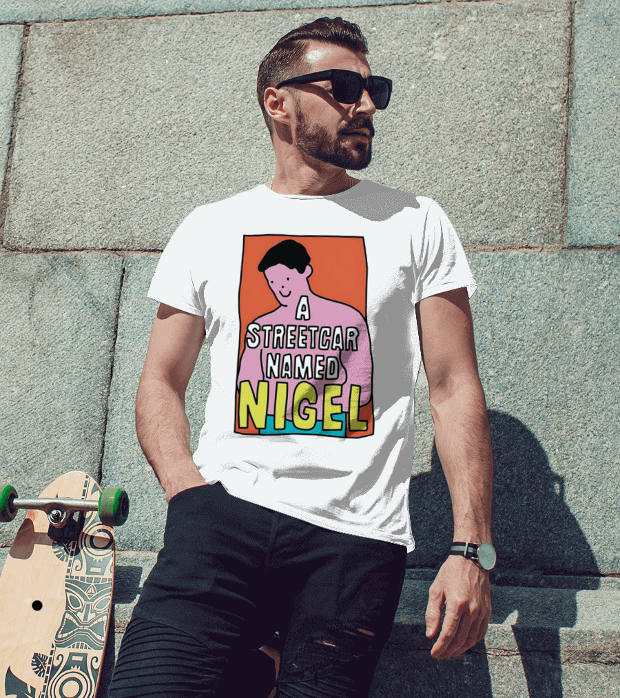A Streetcar Named Nigel Pink Cartoon Character With Orange Background T-Shirt