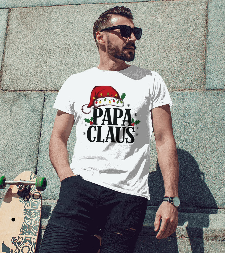 Papa Claus Christmas Santa Hat Holly Lights Snowflakes T-Shirt