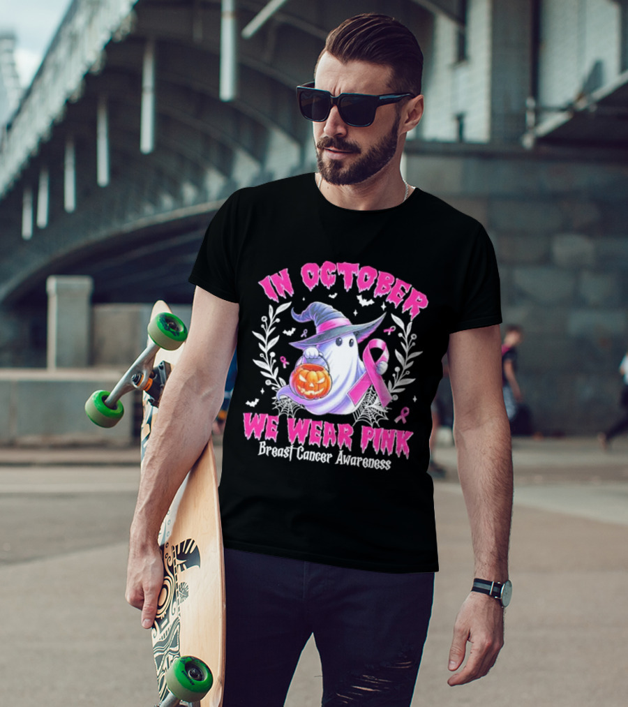 In October We Wear Pink Breast Cancer Awareness Ghost With Pumpkin And Witch Hat T-Shirt