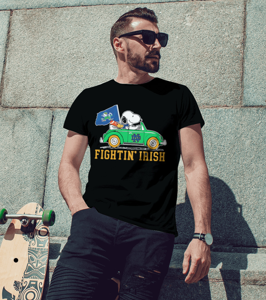 Snoopy And Woodstock Driving ND Car Fightin' Irish T-Shirt