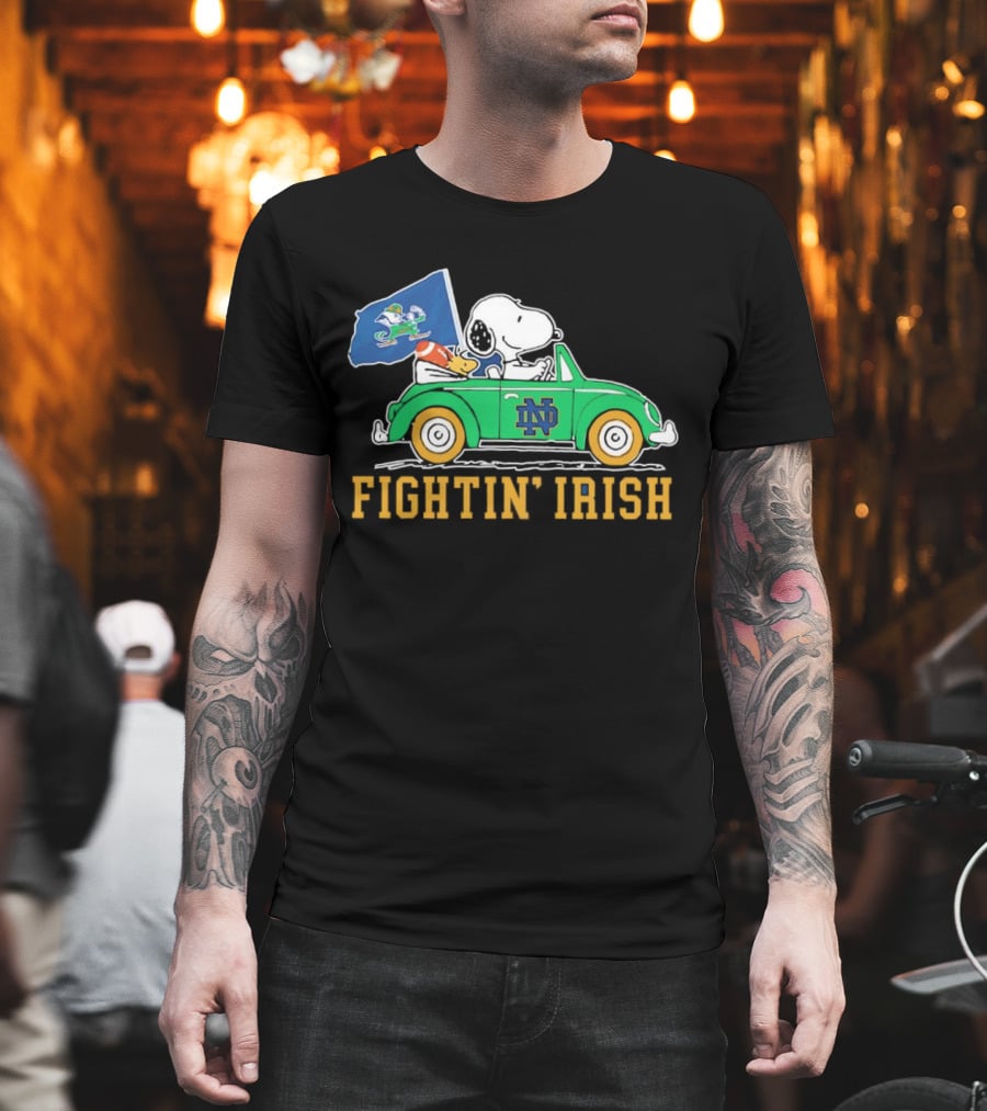 Snoopy and Woodstock Driving ND Car Fightin' Irish T-Shirt