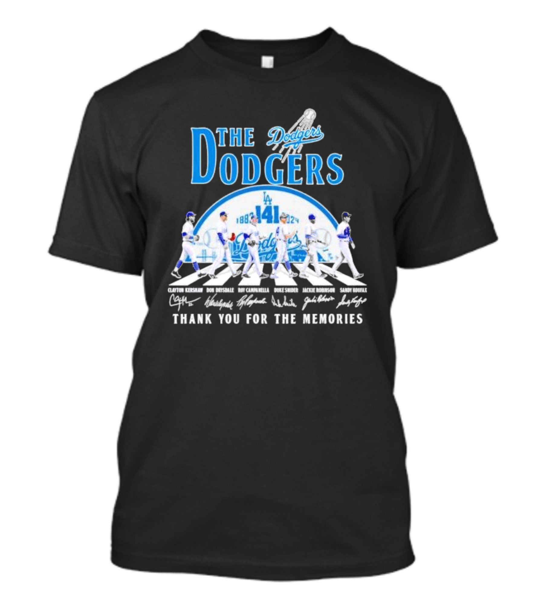 The LA Dodgers 141st Anniversary 1883 2024 Thank You For The Memories Abbey Road Clayton Kershaw Don Drysdale Roy Campanella Duke Snider Jackie Robinson Sandy Koufax T-Shirt
