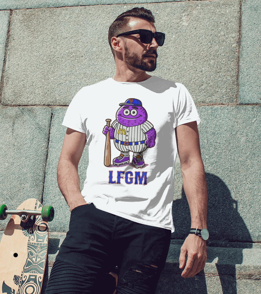 LFGM New York Mets Grimace Cartoon Baseball Bat Character T-Shirt