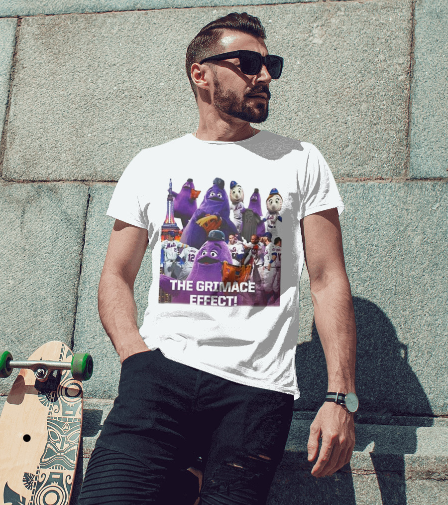 New York Mets The Grimace Effect Baseball Collaboration With Mascot Imagery And Player Interaction T-Shirt