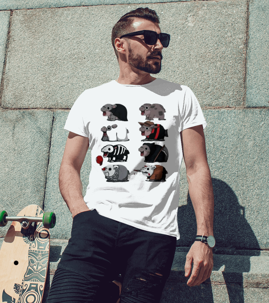 Scary Hippo Moo Deng In Horror Iconic Film Characters T-Shirt