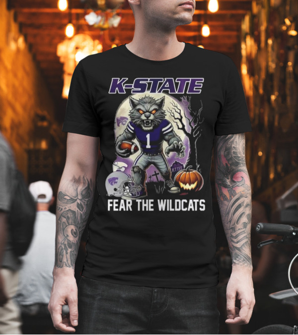 K-State Wildcats Halloween Football Fear the Wildcats With Ferocious Wolf and Pumpkin T-Shirt K-State Wildcats Halloween Football Fear the Wildcats With Ferocious Wolf and Pumpkin T-Shirt