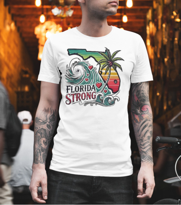 Womens Florida Strong State Outline with Palm Tree and Waves T-Shirt Womens Florida Strong State Outline with Palm Tree and Waves T-Shirt
