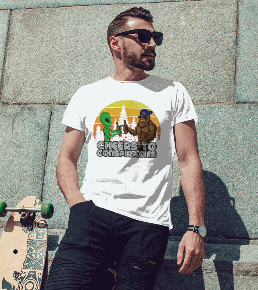 Alien And Bigfoot Cheers To Conspiracies In Retro Sunset Forest T-Shirt