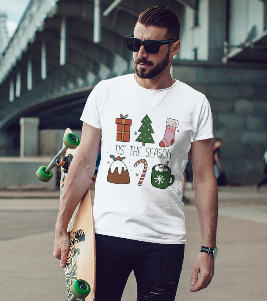 'Tis The Season Christmas Tree Stocking Gift Candy Cane Hot Chocolate T-Shirt