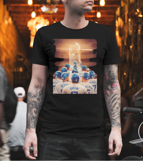 Los Angeles Dodgers Bleed Blue 2024 World Series Champions Celebration with Team Unity and Trophy on Field T-Shirt Los Angeles Dodgers Bleed Blue 2024 World Series Champions Celebration with Team Unity and Trophy on Field T-Shirt