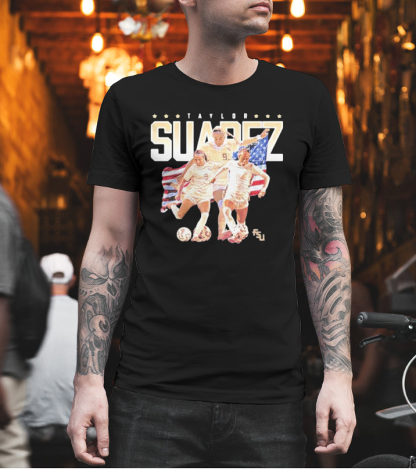 Taylor Suarez FSU Women’s Soccer Player American Flag Background T-Shirt Taylor Suarez FSU Women’s Soccer Player American Flag Background T-Shirt