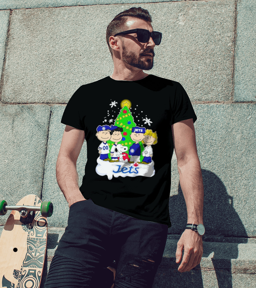Winnipeg Jets Peanuts Characters Christmas Tree Snoopy Snowflakes T-Shirt