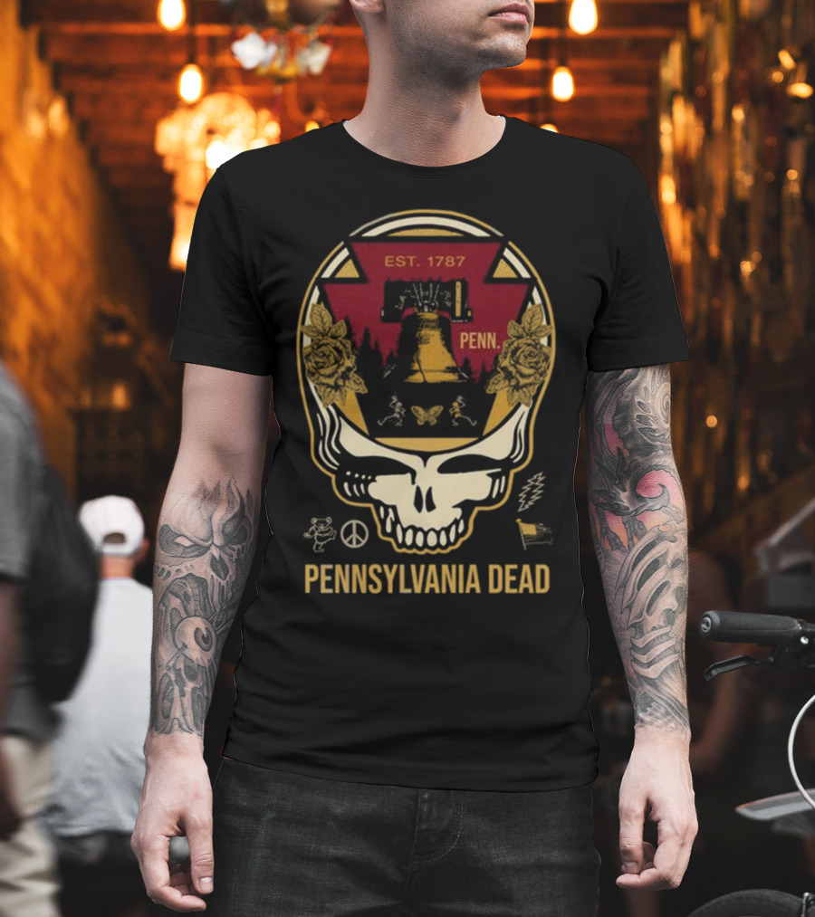 Pennsylvania Dead Est. 1787 Penn Skull with Liberty Bell and Roses T-Shirt