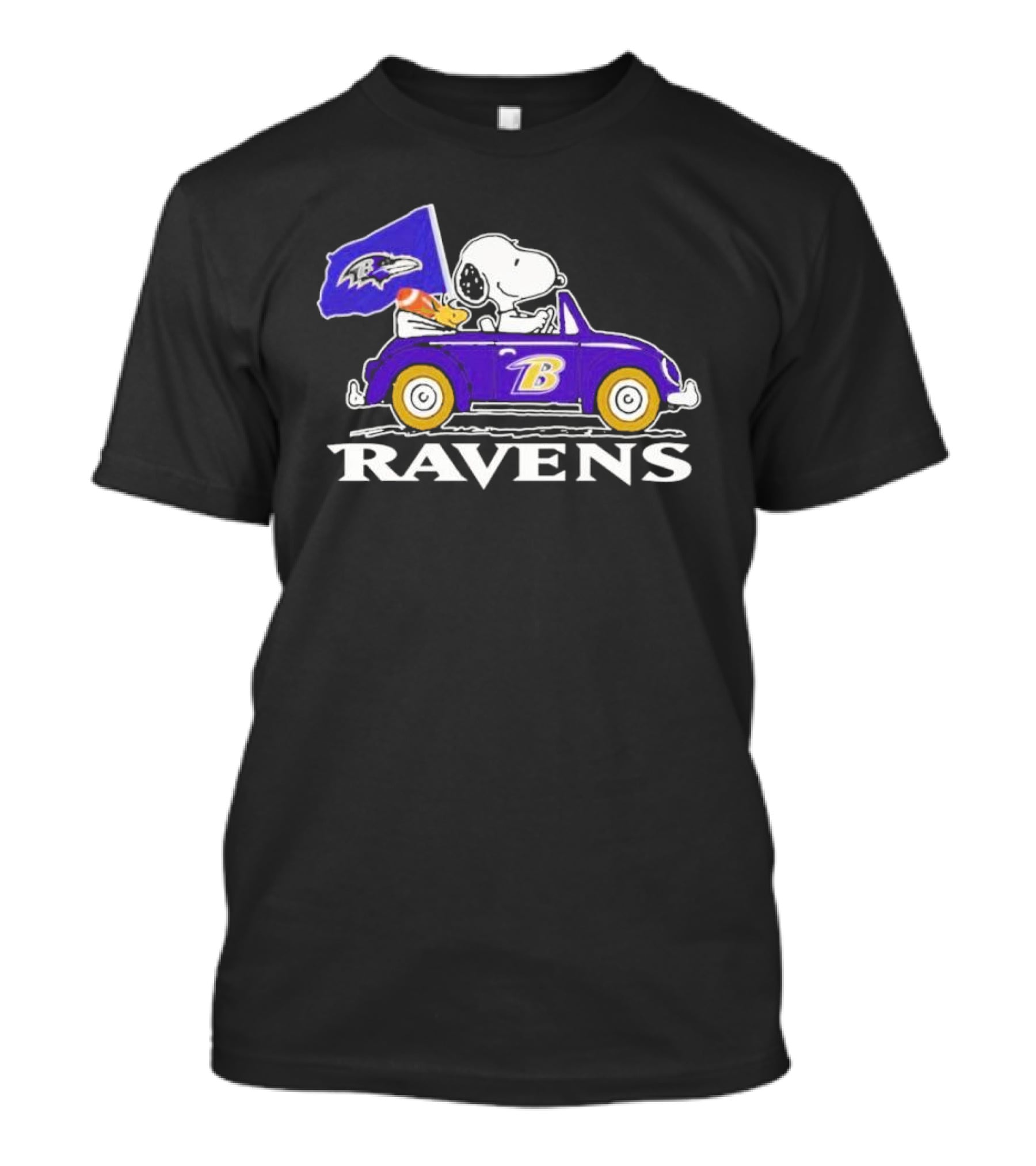 Snoopy And Woodstock Driving Ravens Car With Flag T-Shirt