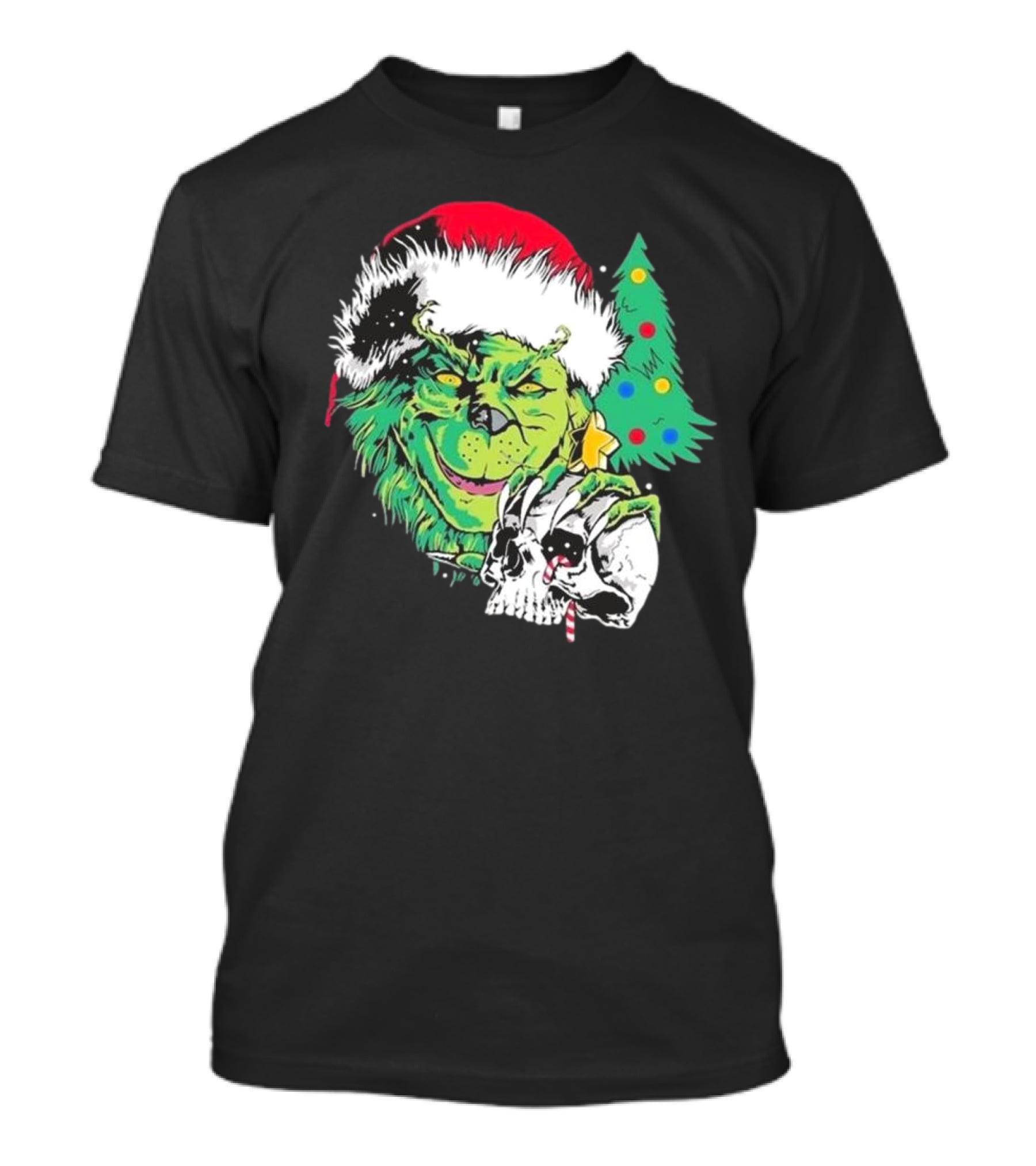 Grinch Santa Hat Skull Christmas Tree Scene T-Shirt