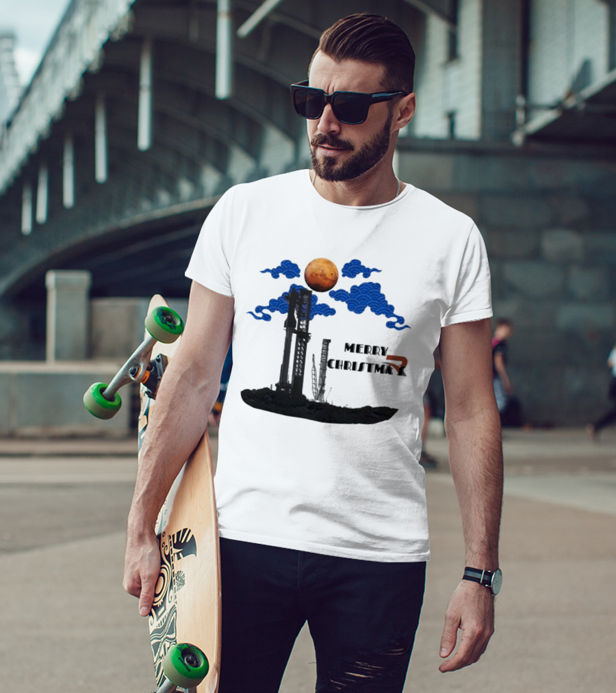 Merry Christmas Mars Rocket Mars Planet Blue Clouds T-Shirt
