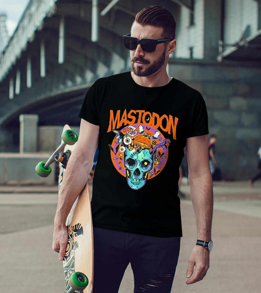 Mastodon Halloween Skull Design With Pumpkin And Bat Elements T-Shirt