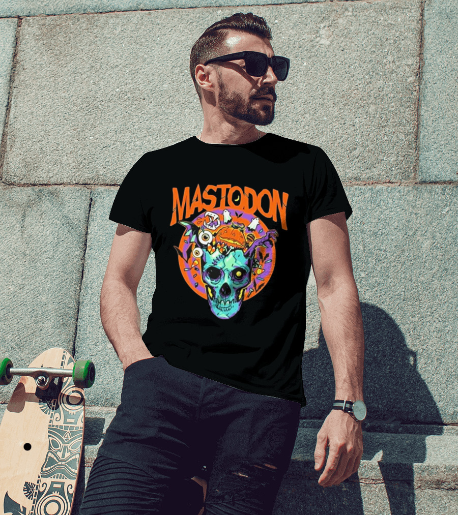 Mastodon Halloween Skull Design With Pumpkin And Bat Elements T-Shirt