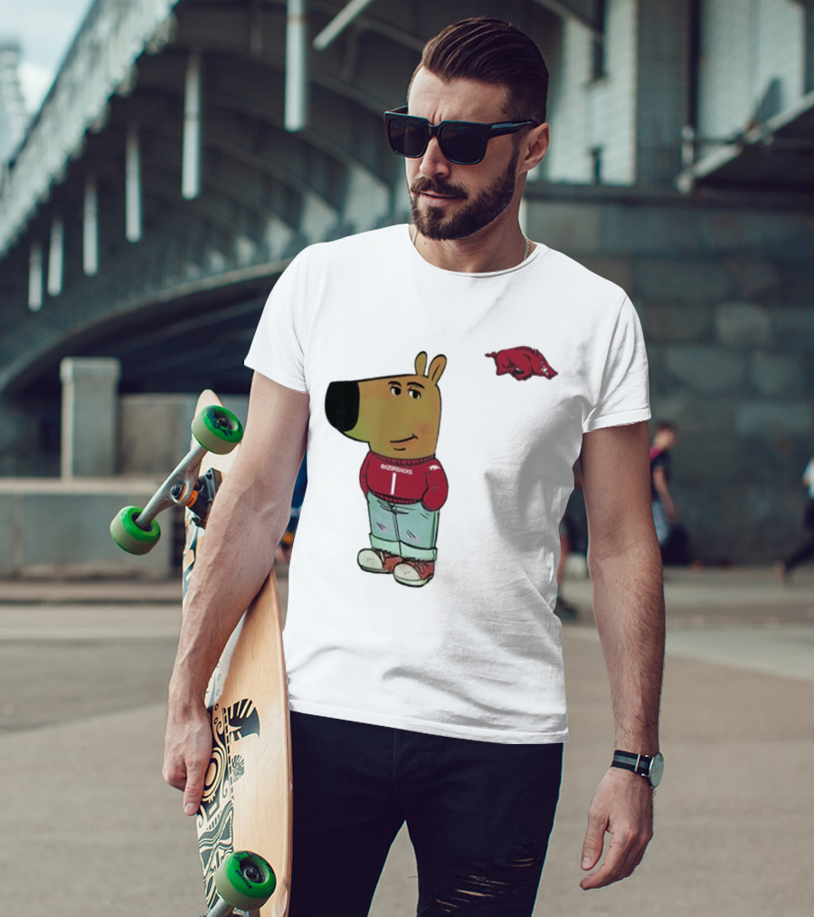 Arkansas Razorbacks Chill Guy Mascot With Cartoon Character In Red Sweater And Jeans T-Shirt