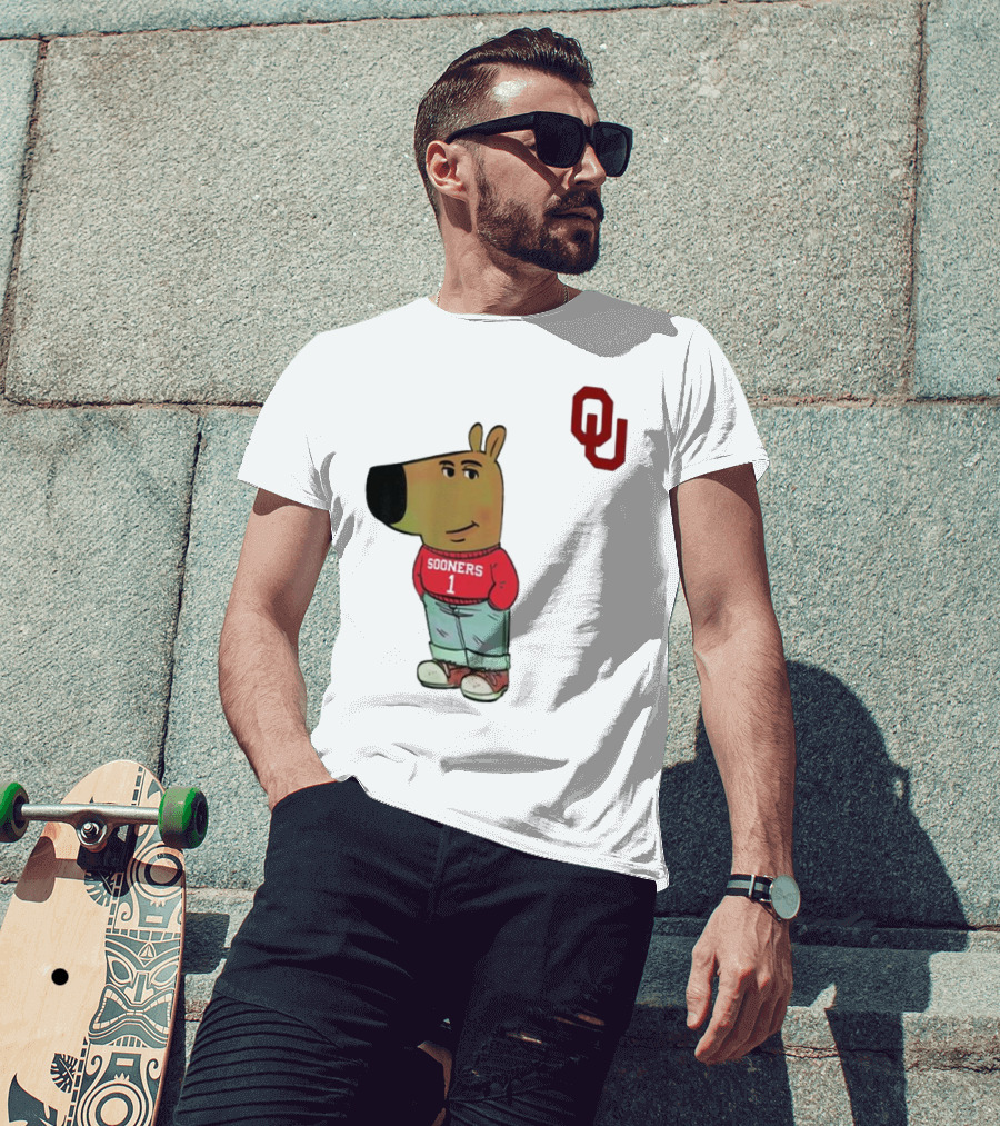 Oklahoma Sooners Chill Guy Cartoon Mascot Standing With OU Logo T-Shirt