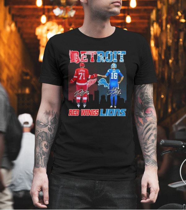 Larkin 71 Detroit Red Wings Goff 16 Detroit Lions Signature Collaboration T-Shirt Larkin 71 Detroit Red Wings Goff 16 Detroit Lions Signature Collaboration T-Shirt