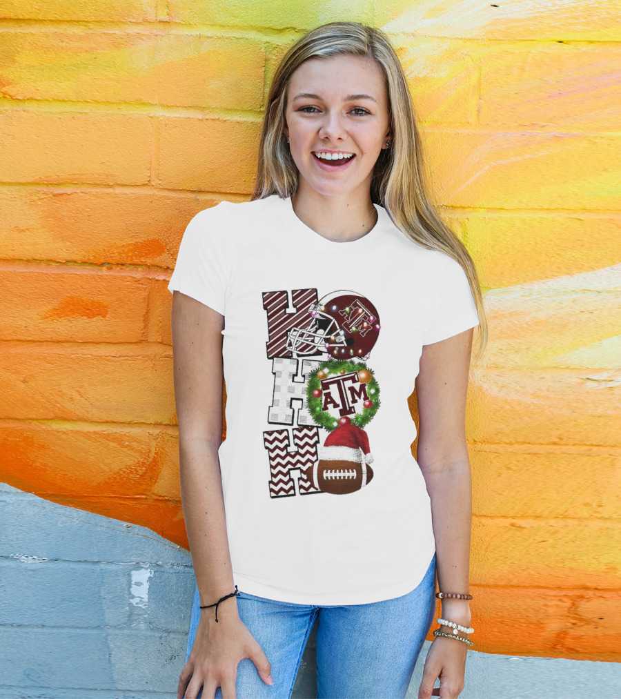 Texas A M Aggies Football Christmas Ho Ho Ho ATM Helmet Wreath Football T-Shirt