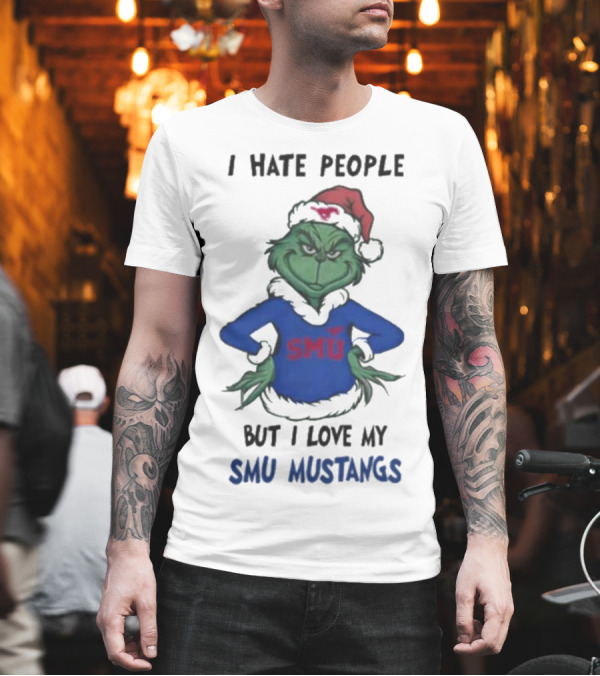 I Hate People But I Love My SMU Mustangs Grinch Santa Hat Christmas T-Shirt I Hate People But I Love My SMU Mustangs Grinch Santa Hat Christmas T-Shirt