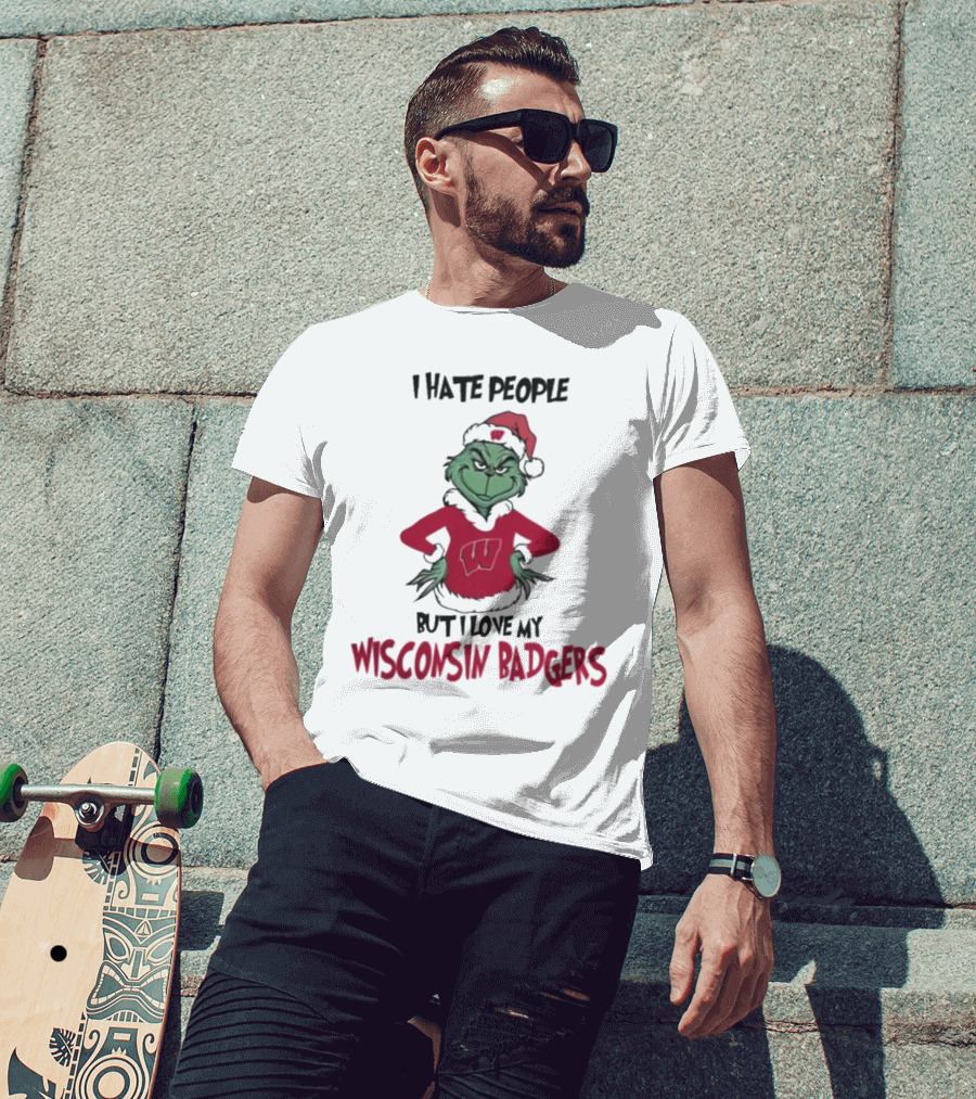 I Hate People But I Love My Wisconsin Badgers Grinch Christmas T-Shirt