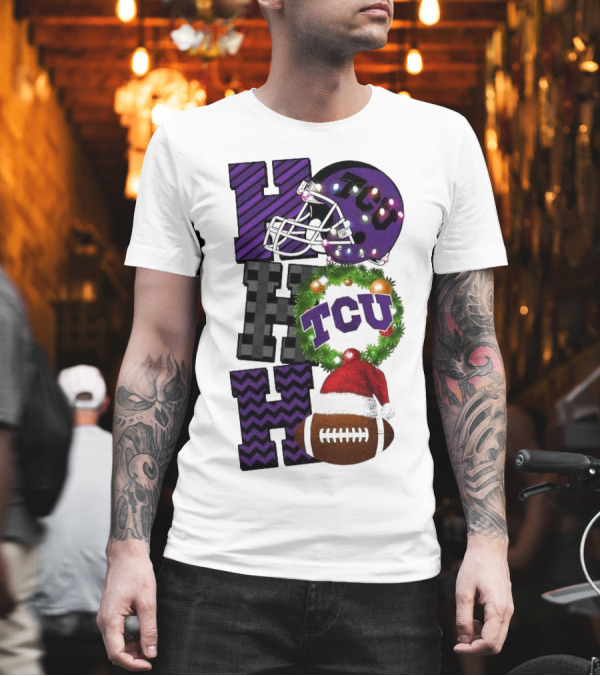 TCU Horned Frogs Football Christmas Ho Ho Ho Helmet and Wreath Game Day T-Shirt TCU Horned Frogs Football Christmas Ho Ho Ho Helmet and Wreath Game Day T-Shirt