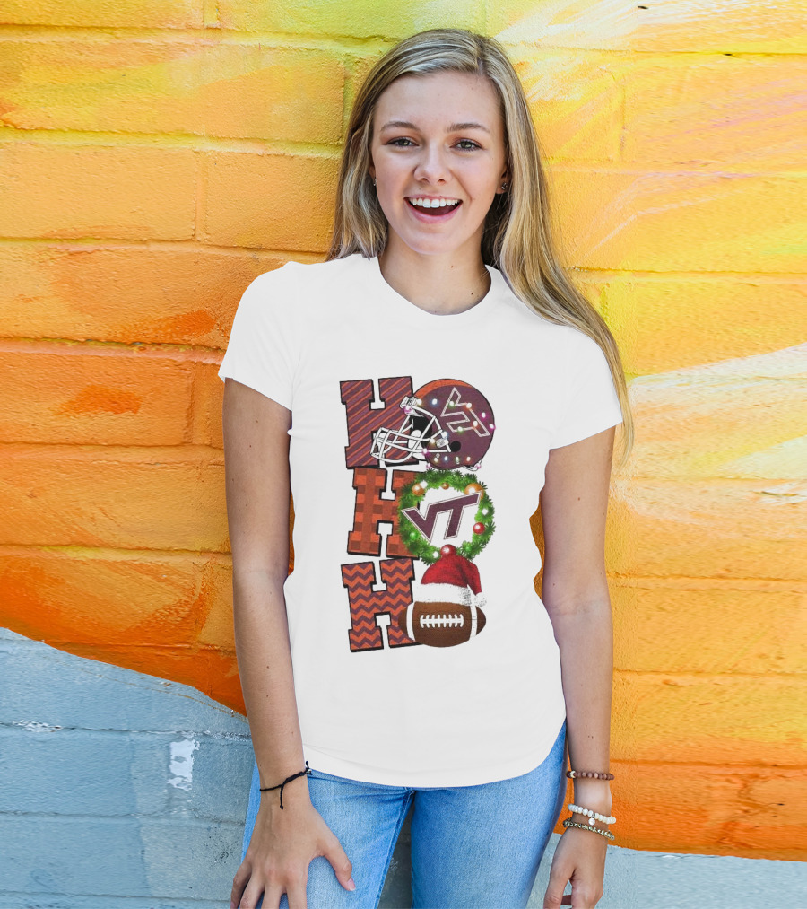 Virginia Tech Hokies Football Christmas Ho Ho Ho VT Helmet Wreath Game Day T-Shirt