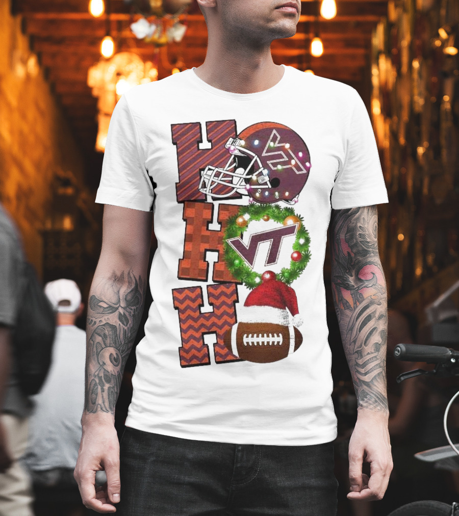 Virginia Tech Hokies Football Christmas Ho Ho Ho VT Helmet Wreath Game Day T-Shirt
