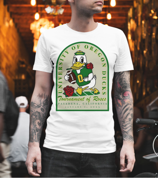University of Oregon Ducks Tournament of Roses Pasadena California January 1 2025 Mascot Football Rose T-Shirt University of Oregon Ducks Tournament of Roses Pasadena California January 1 2025 Mascot Football Rose T-Shirt