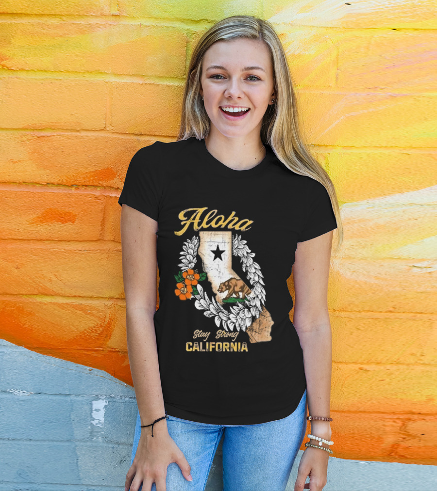 Aloha Stay Strong California Bear Star Map And Flower Garland T-Shirt