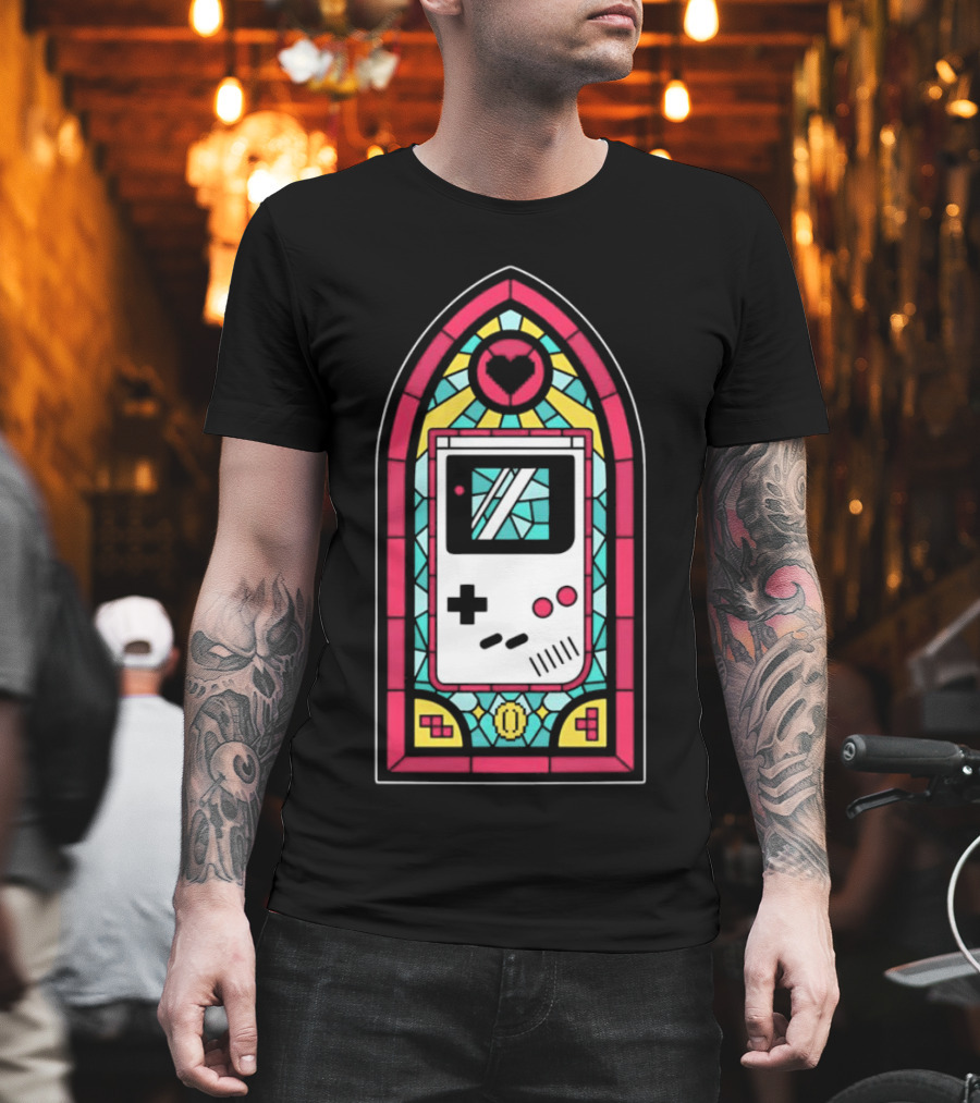 Game Boy 8-Bit Stained Glass Heart Coin Pixel Art Window T-Shirt