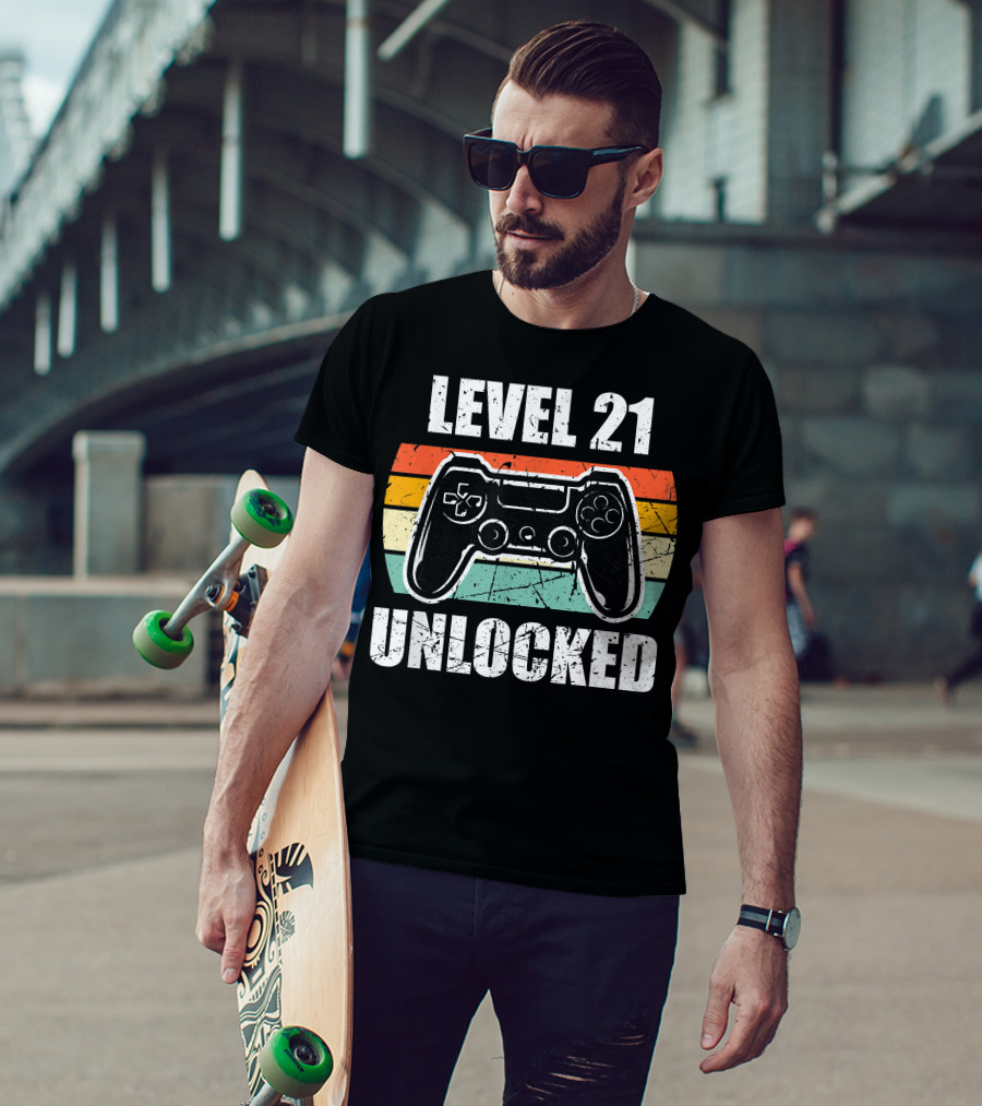 Level 21 Unlocked Vintage Gaming Controller 21st Birthday Gamer T-Shirt