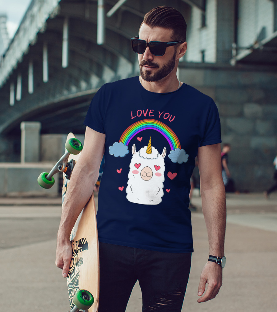 Love You Alpaca Unicorn Rainbow Cloud Hearts T-Shirt