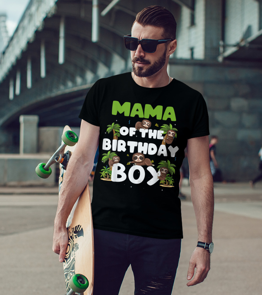 Mama Of The Birthday Boy Sloth Boy Party Family Tropical Palm Trees T-Shirt