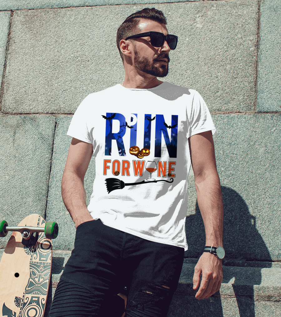 Halloween Run For Wine With Bats, Pumpkins, Witch's Broom, And Wine Glass T-Shirt