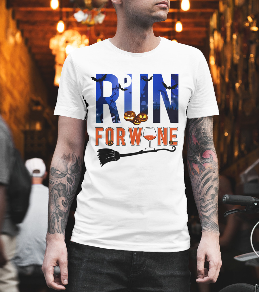 Halloween Run for Wine with Bats, Pumpkins, Witch's Broom, and Wine Glass T-Shirt