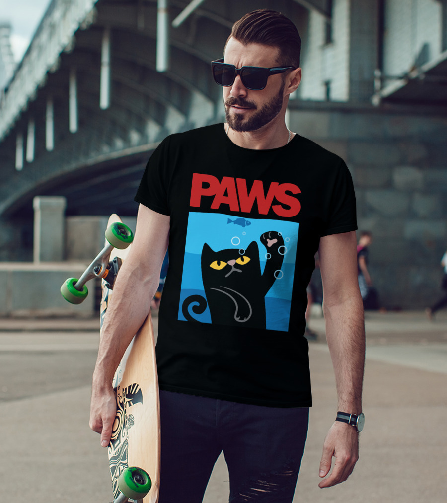 PAWS Jaws Parody Black Cat With Fish In Water T-Shirt