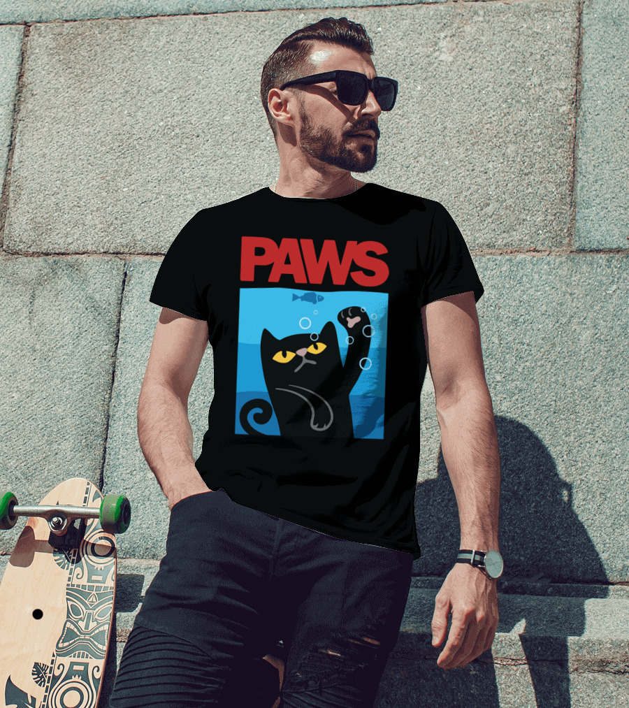 PAWS Jaws Parody Black Cat With Fish In Water T-Shirt