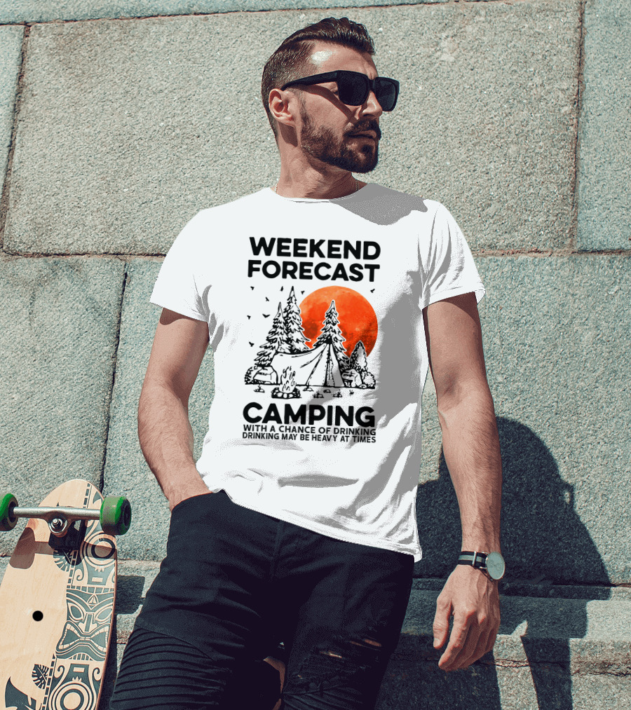 Weekend Forecast Camping With A Chance Of Drinking Drinking May Be Heavy At Times Vibrant Red Moon Forest Nighttime Scene T-Shirt