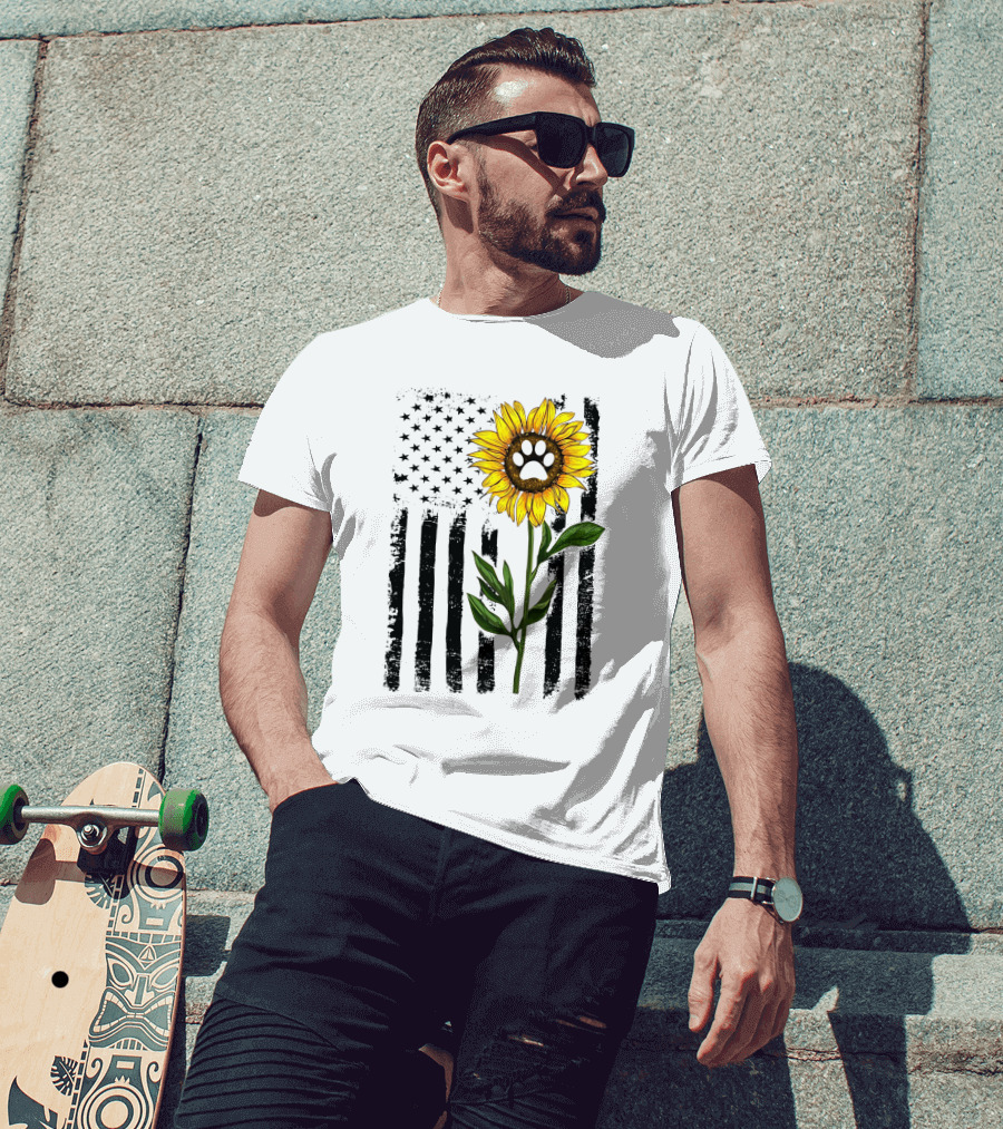 Sunflower Dog Paw Over American Flag Background T-Shirt