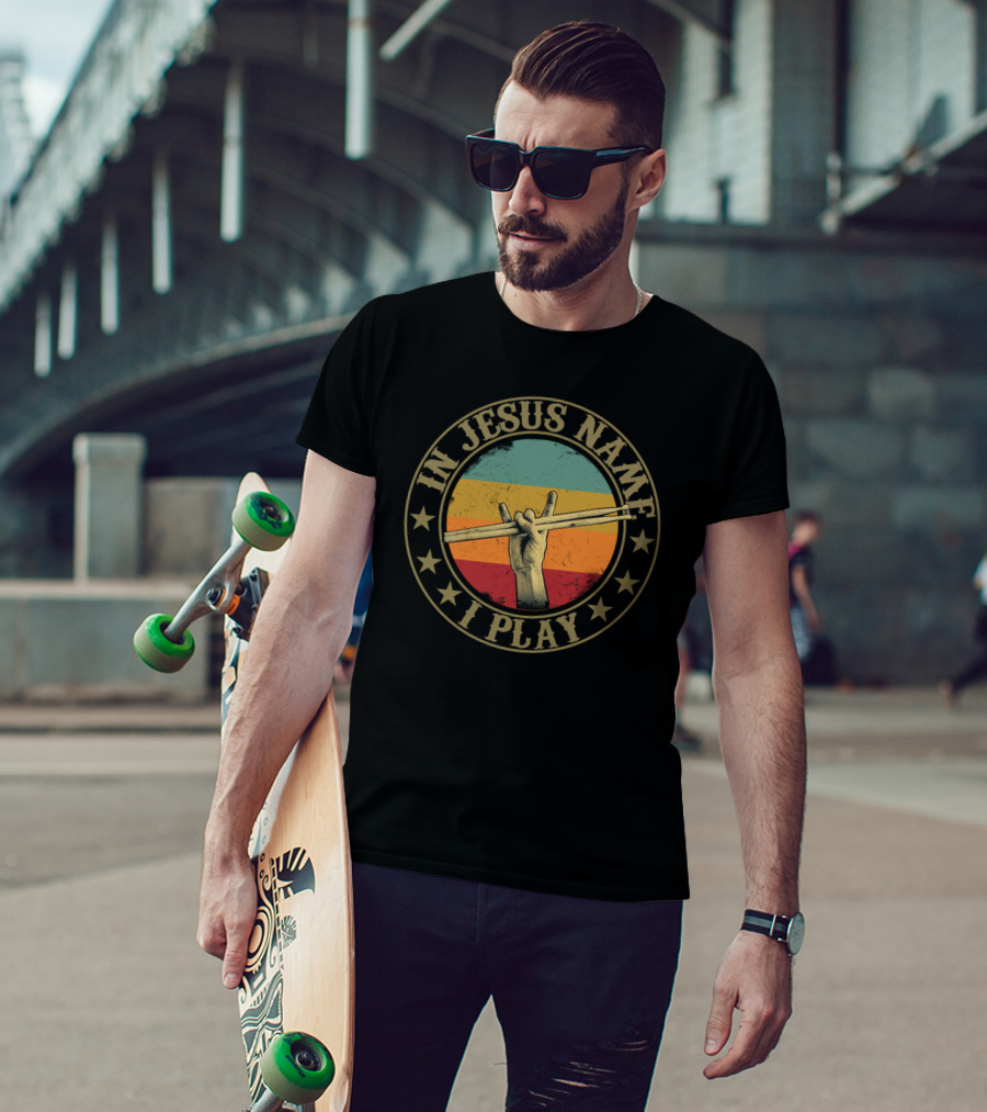 In Jesus Name I Play Drumsticks Retro Hand Sign T-Shirt