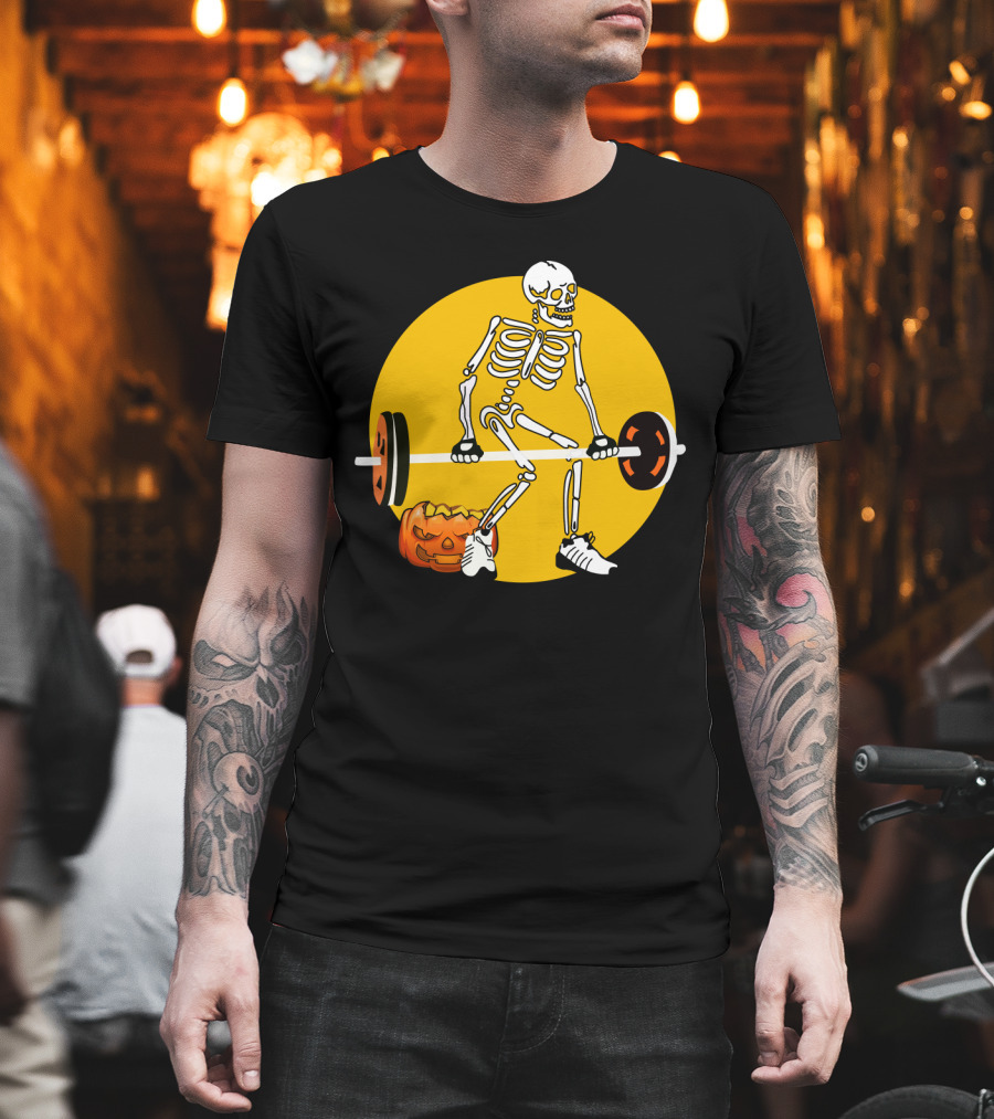 Skeleton Lifting Barbell With Pumpkin Halloween T-Shirt