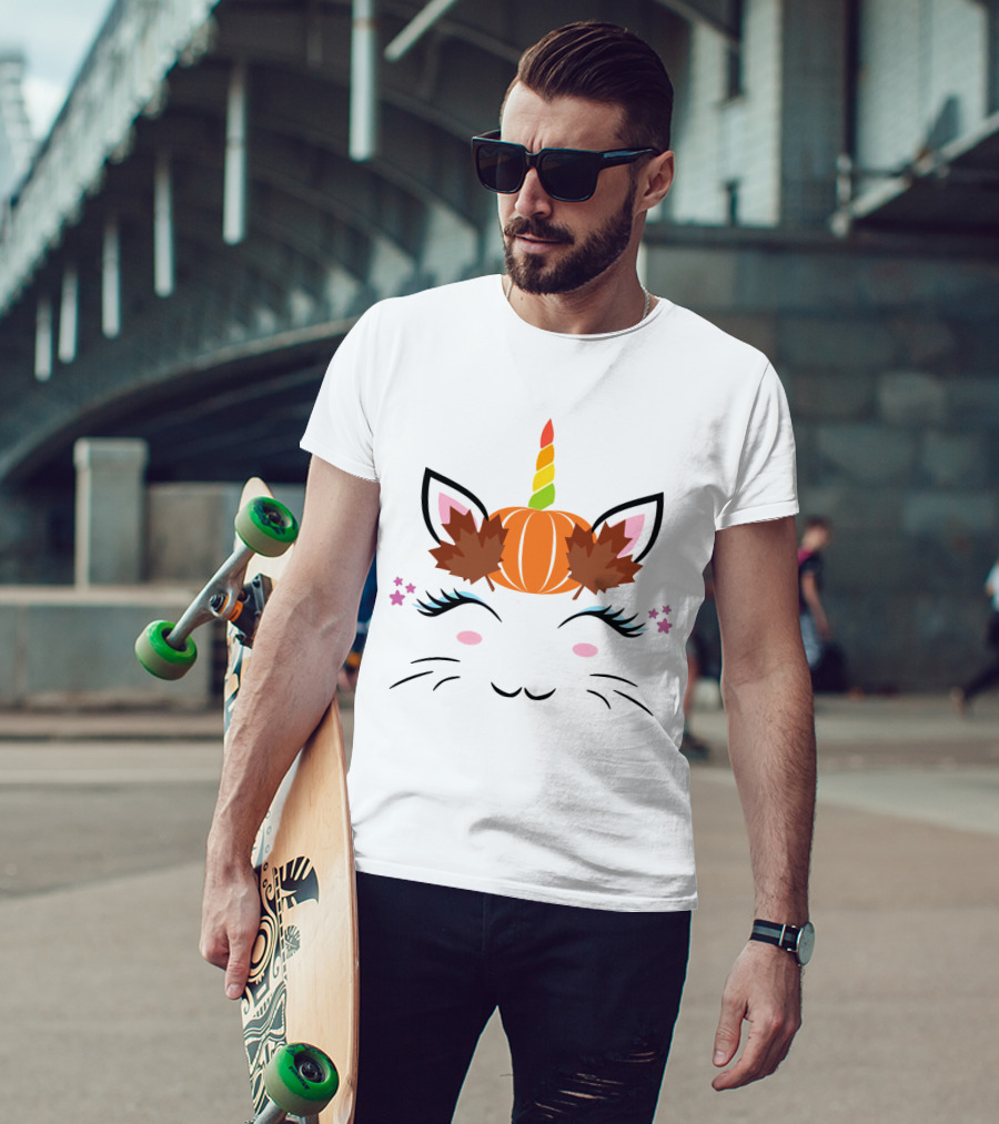 Caticorn Pumpkin Halloween Cat Unicorn Lover Fall Leaves T-Shirt