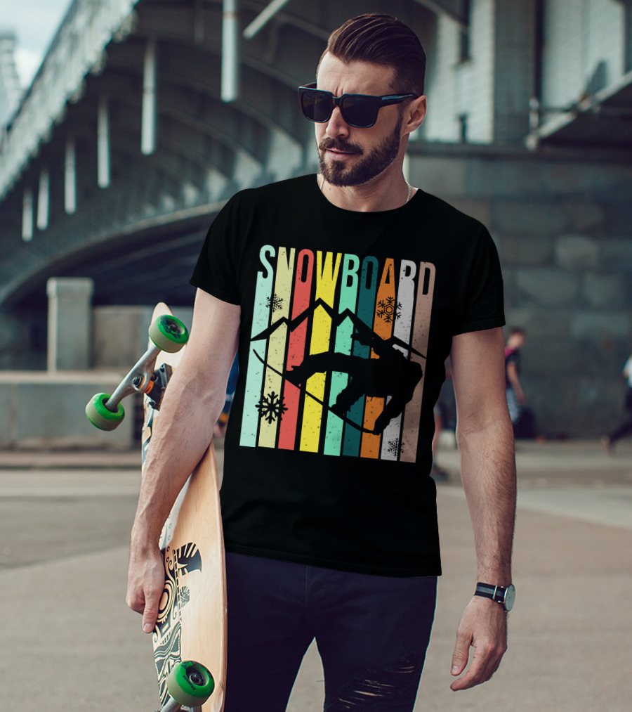 Snowboard Snowboarding Retro Mountain Silhouette Snowflakes T-Shirt
