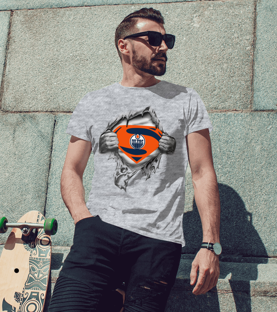 Edmonton Oilers Superman Logo Fusion With Torn Ripped Shirt Effect T-Shirt